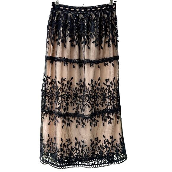 Polagram Dresses & Skirts - Polagram Black Embroidered Lace Maxi Skirt over Nude Lining